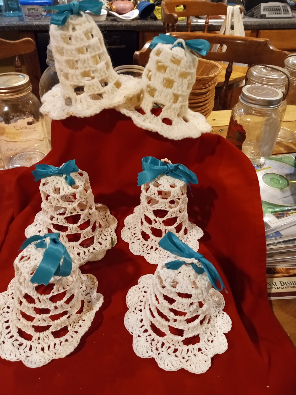 Handmade White Crochet Bell Ornaments with Teal Ribbon - Home Party Supplies
